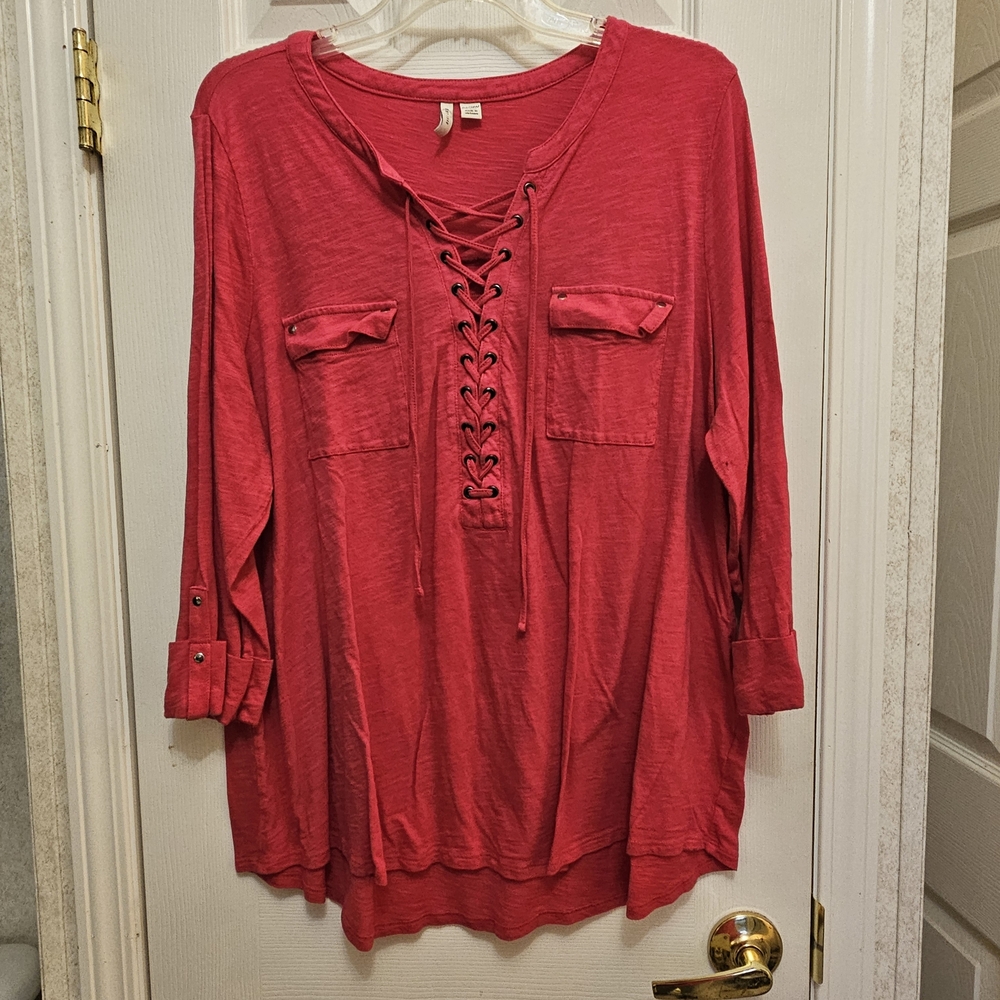 Cato Red Lace-Up Tunic Top